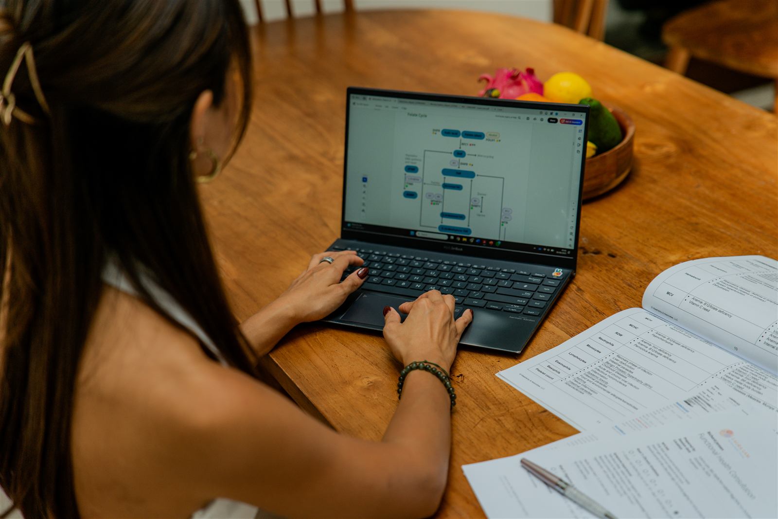 Laura reviewing a client's lab results on her laptop